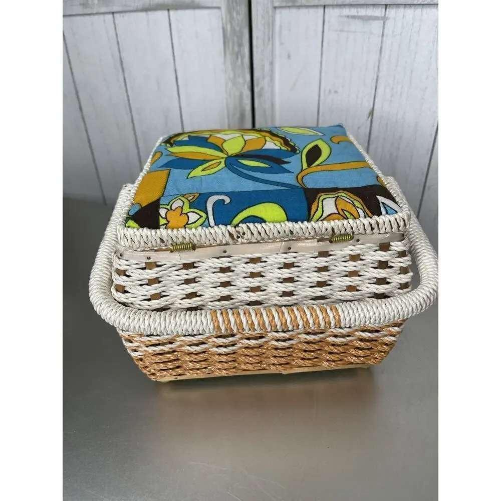 Vintage 70s Sewing Basket Retro Square Woven Blue Green Floral Psychedelic Japan